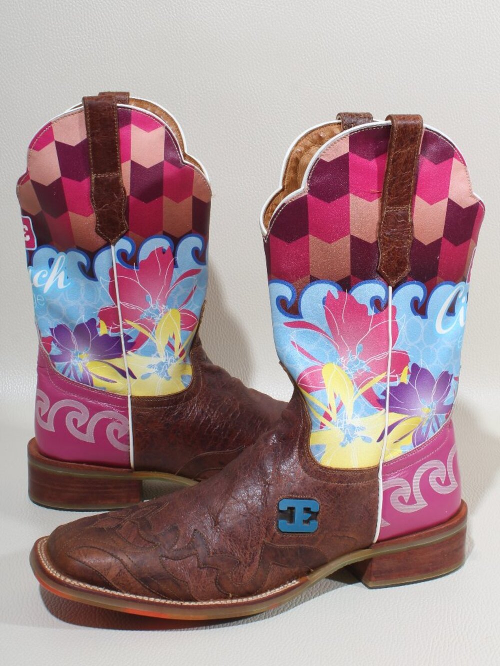 Cinch Edge Womens Cowgirl Western Boots Brown & Pink Floral Leather Size 11 B
